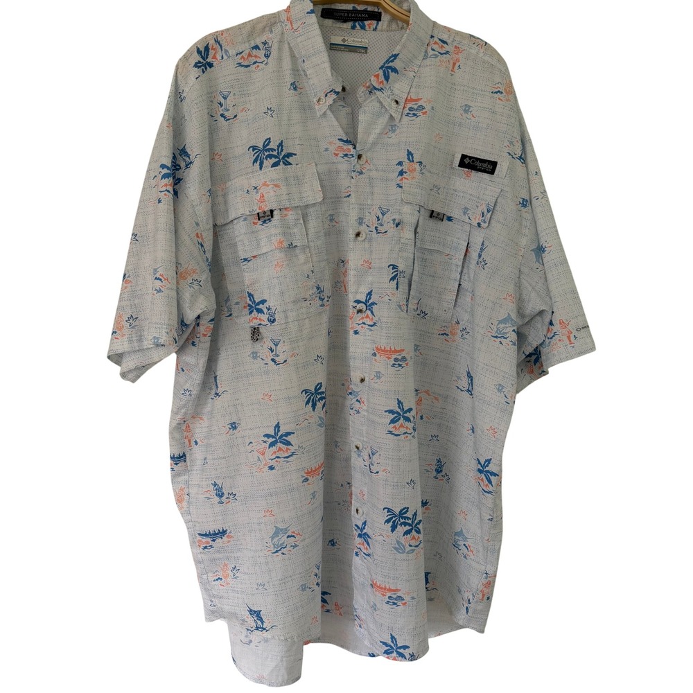 Columbia MENS Polyester Light Blue PFG Super Bahama Tropical Fishing Shirt LT